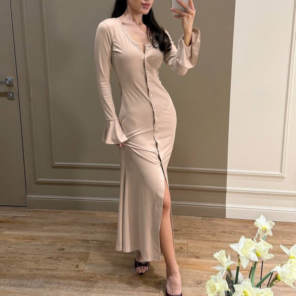 Women's Knitted Button-Front Bell-Sleeve Dress