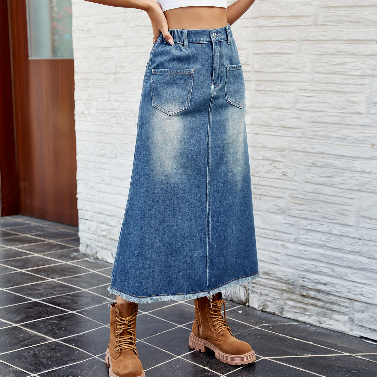 Spring Summer Washed Frayed Hem Denim Midi Skirt