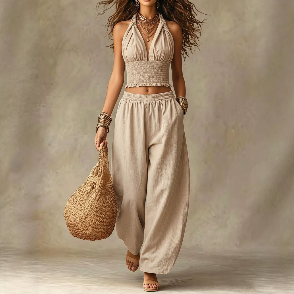 Bohemian V neck Halter Short Top with Loose Bloomers Linen