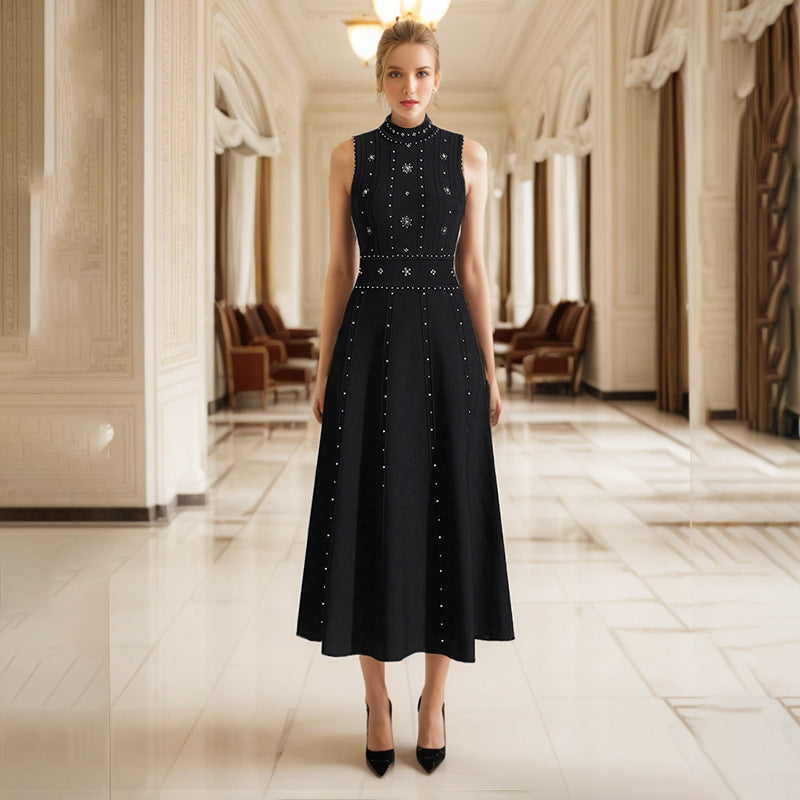 Elegant Spring Beads Rhinestones round Neck Sleeveless Waist Slim Fit Slim Fit A-L