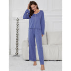 Women Autumn Winter Solid Color Long Sleeved Trousers Home Wear Set