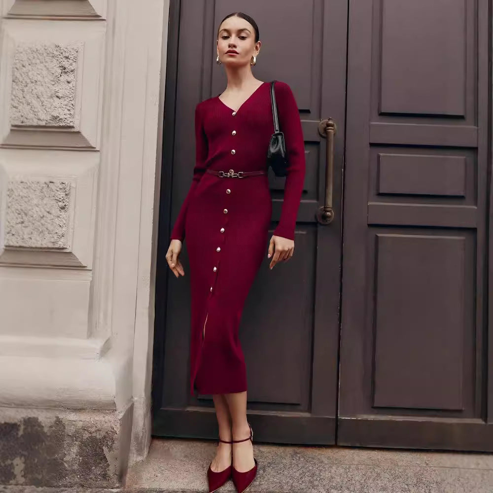 Autumn Winter Long Sleeve Knitted Dress Button Split Russia Hip Wrapped Sw