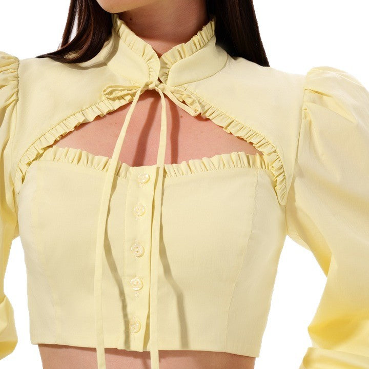 Women's Personality Shoulder Puff Sleeve Lace Stand Collar Shirt