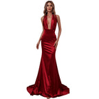 Women's Backless V-Neck Lace-Up Evening Maxi Dress