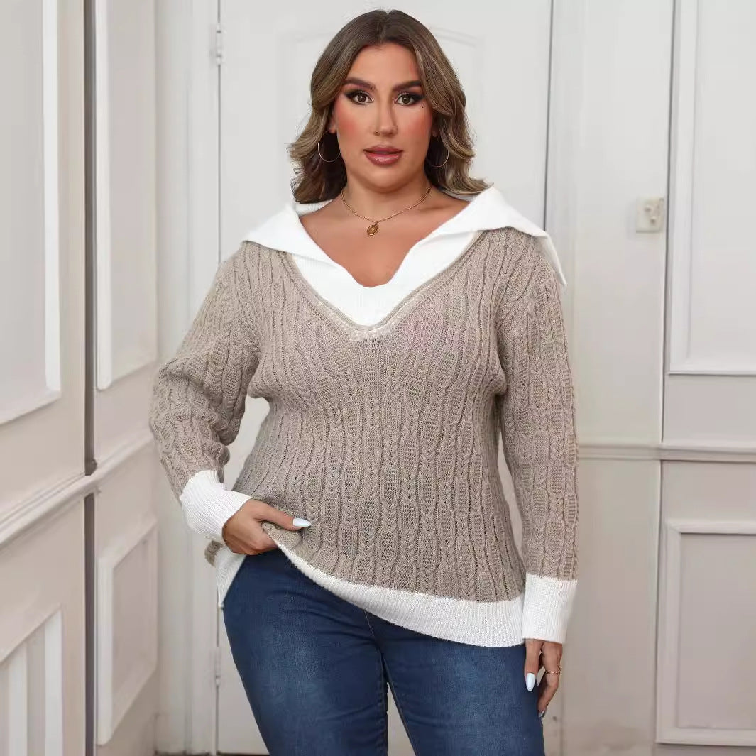 Plus Size Women Top Autumn Winter Contrast Color Stitching Collared Sailor Collar Woven Pullover Sweater