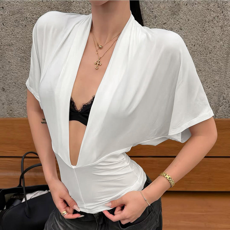 Women Clothing Sexy Slim Solid Color Drop Shoulder Deep V