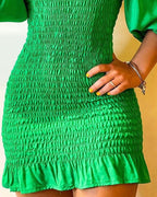 Women's Summer Office National Scheming Pullover High Waist Green Bohemian Short Solid Color Dress