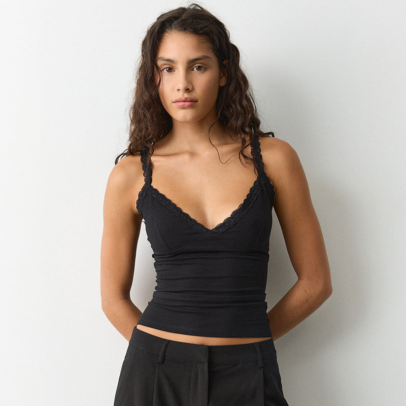 's Wind Solid Color Lace Trim Low Cut Spaghetti Strap Camisole Top