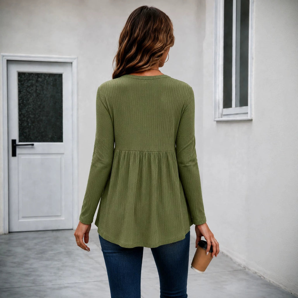 Women's V-Neck Button Long-Sleeve Top