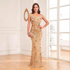 Women's Off The Shoulder Golden Beaded Long Slim Fishtail Dress