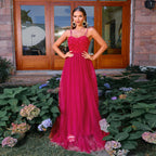Women's Burgundy Mesh Spaghetti Strap Evening Dress