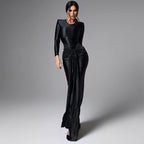 Women's Crew-Neck Satin Tie Long-Sleeve Maxi Dress