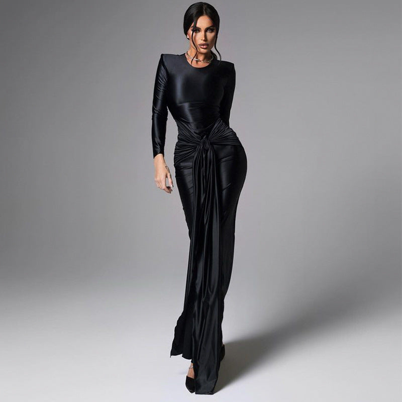 Women's Crew-Neck Satin Tie Long-Sleeve Maxi Dress