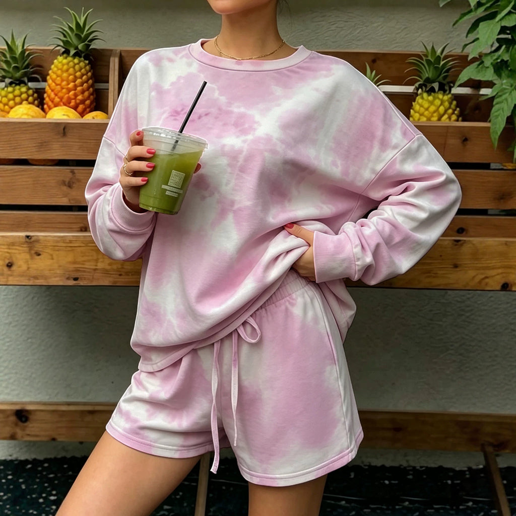 Women's Tie-Dye Long-Sleeve Top & Shorts Lounge Set