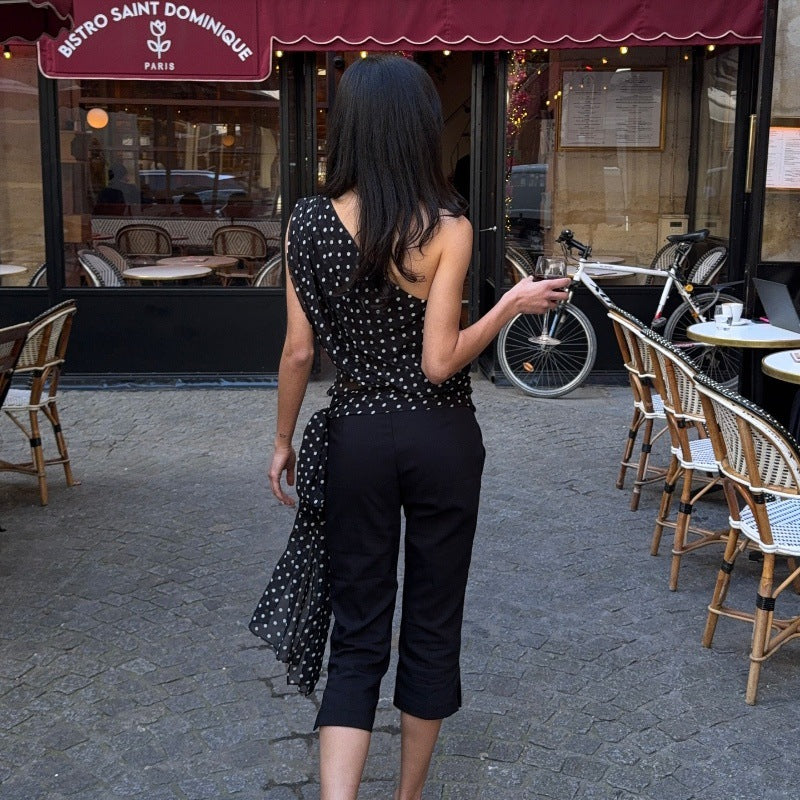 Women's Polka-Dot Chiffon Asymmetric Top