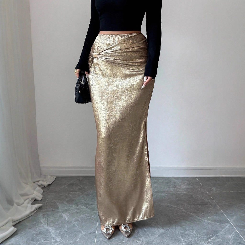 Metal-Detail Ruffle Hip-Slit Skirt