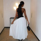 Halter V Neck Stitching Color Matching Waist Maxi Dress