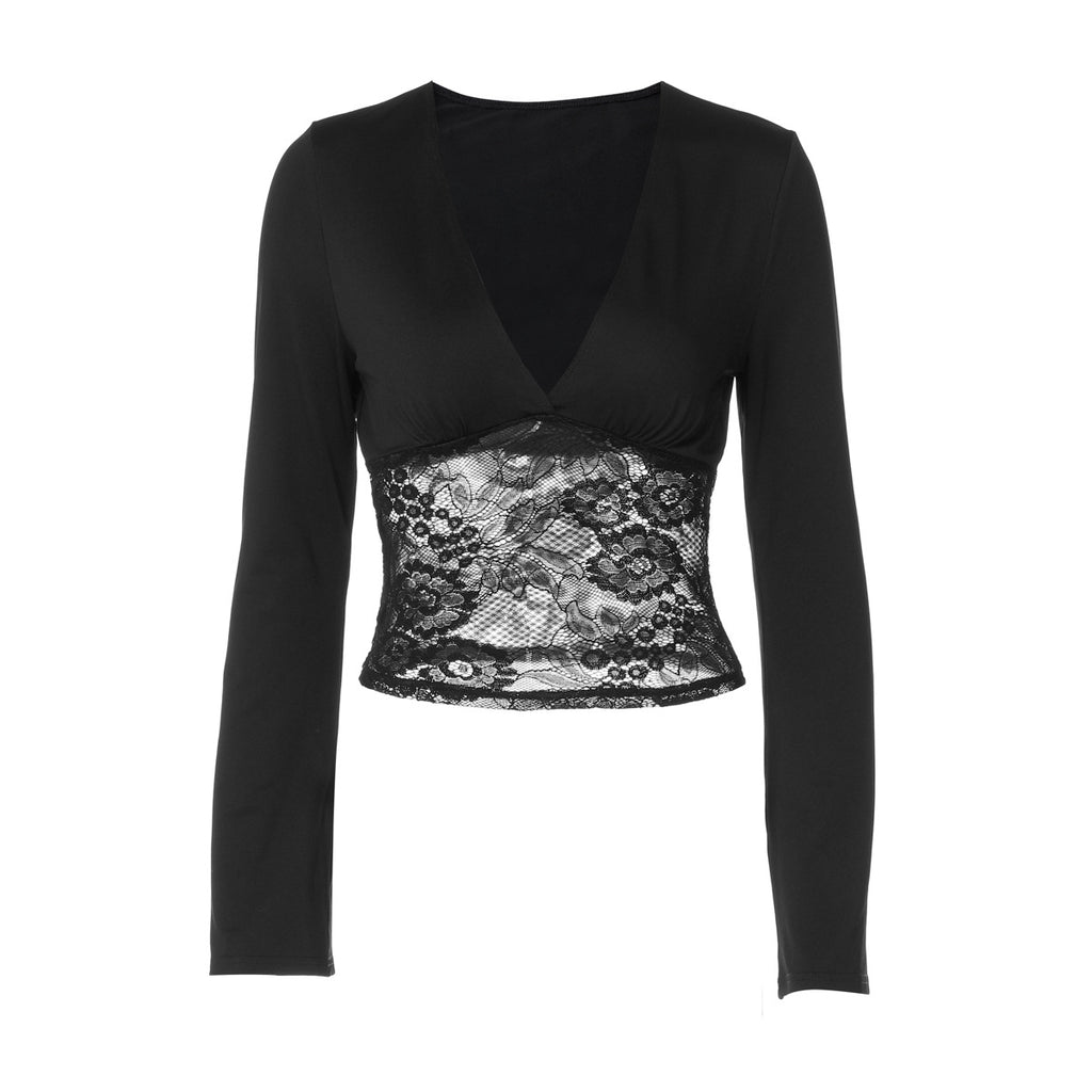 's Fall Solid Color V Neck Long Sleeve Lace Stitching Waist Controlled Top T Shirt