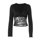 's Fall Solid Color V Neck Long Sleeve Lace Stitching Waist Controlled Top T Shirt