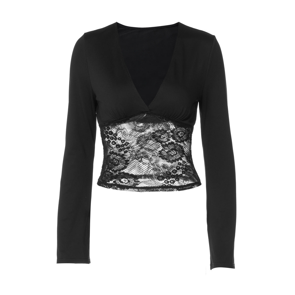 's Fall Solid Color V Neck Long Sleeve Lace Stitching Waist Controlled Top T Shirt