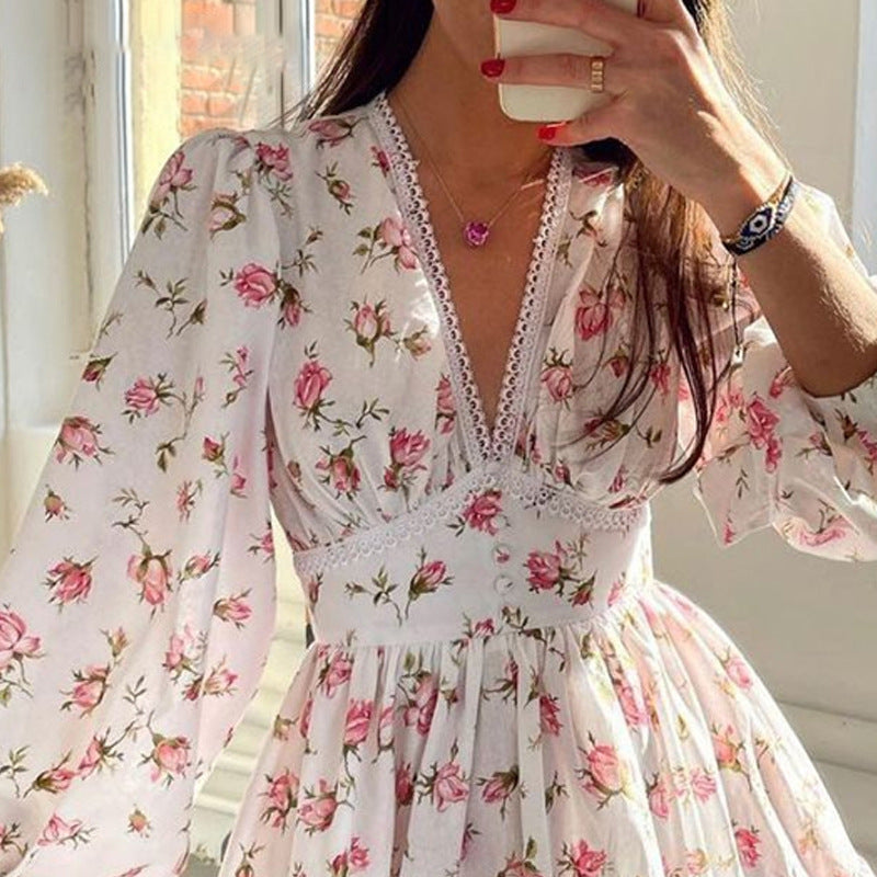 Autumn Winter Street Casual Floral Midi High-Waist Slim V-Neck Dress