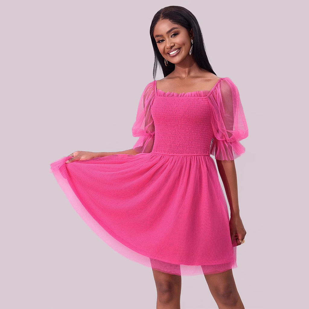 Square-Neck Mesh Puff-Sleeve Smocked A-Line Mini Dress