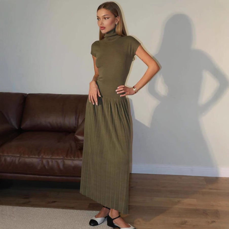 Cotton High-Neck Short-Sleeve Knit Bodycon Maxi Dress