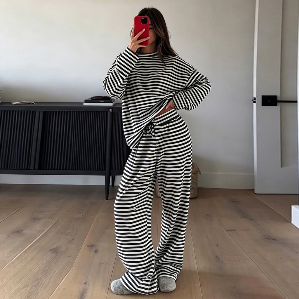 Women's Simple Round Neck Striped Loose Long Sleeve Top Drawstring