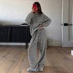 Women's Simple Round Neck Striped Loose Long Sleeve Top Drawstring
