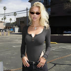 Women's Long Sleeve V Neck Double Breasted Knit Jumpsuit