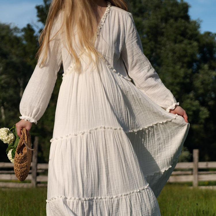 Cotton Champray V Neck Long Sleeve Dress