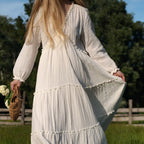 Cotton Champray V Neck Long Sleeve Dress