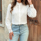 Women's White Lace-Trim Stand-Collar Blouse