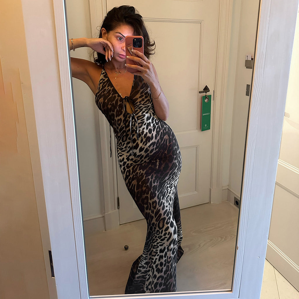 Women's Leopard-Print Halter Backless Maxi Dress