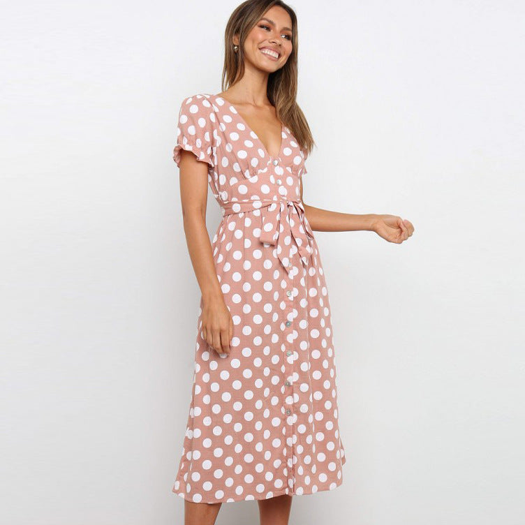 Women's Summer V Neck Ruffle Sleeve Single Breasted Waist Controlled Lace Up Polka Dot Dress