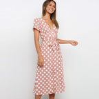 Women's Summer V Neck Ruffle Sleeve Single Breasted Waist Controlled Lace Up Polka Dot Dress
