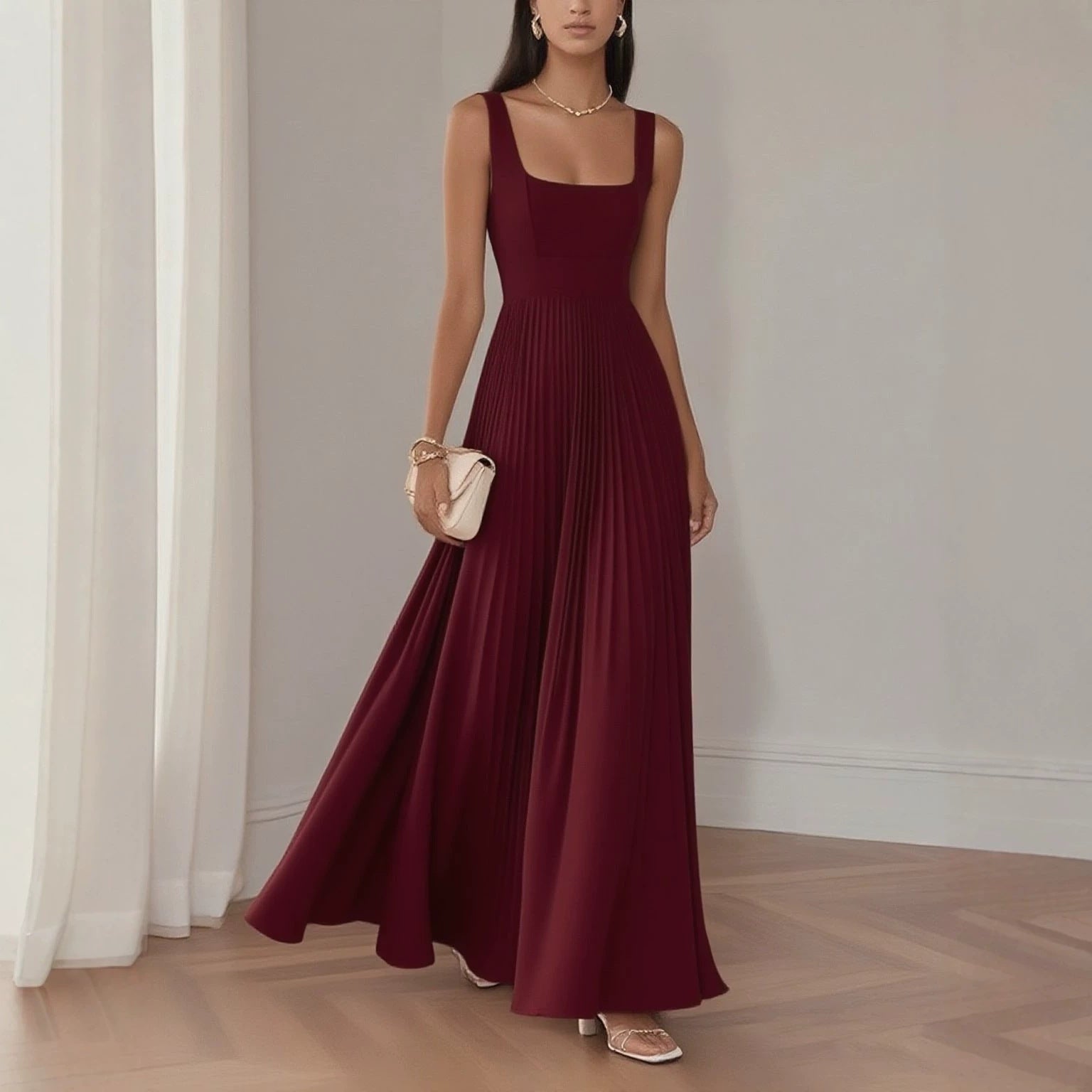 Women's Pleated Sleeveless Maxi Dress with Belt