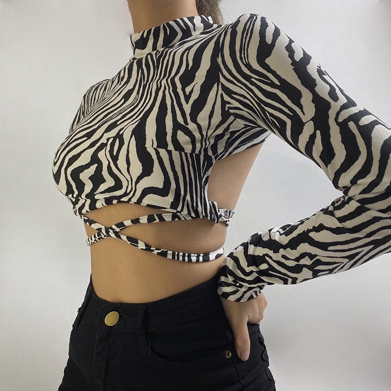 Women's Animal Print Lace-Up Long Sleeve Crop Top
