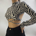 Women's Animal Print Lace-Up Long Sleeve Crop Top