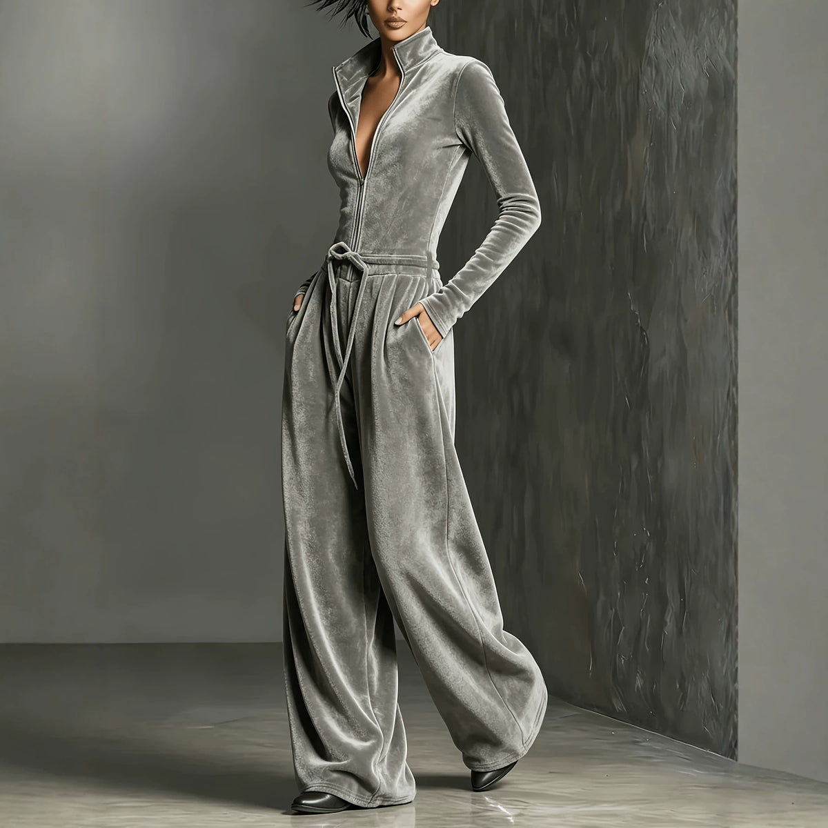 Velvet Long Sleeve Zip Up Jumpsuit