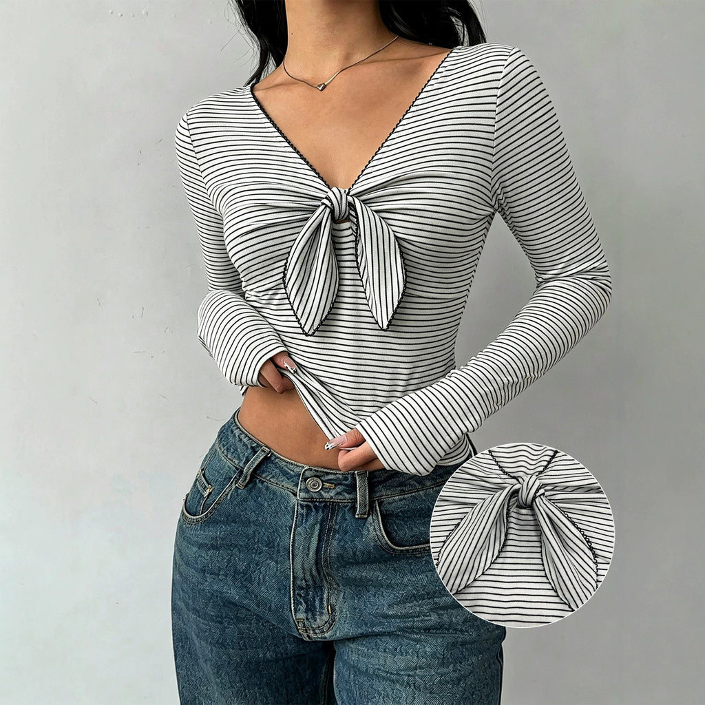 Women's Black White Striped Long Sleeve T Shirt V Neck Chest Kinked Lace Up Slim Fit Slimming Bottoming Top