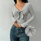 Women's Black White Striped Long Sleeve T Shirt V Neck Chest Kinked Lace Up Slim Fit Slimming Bottoming Top