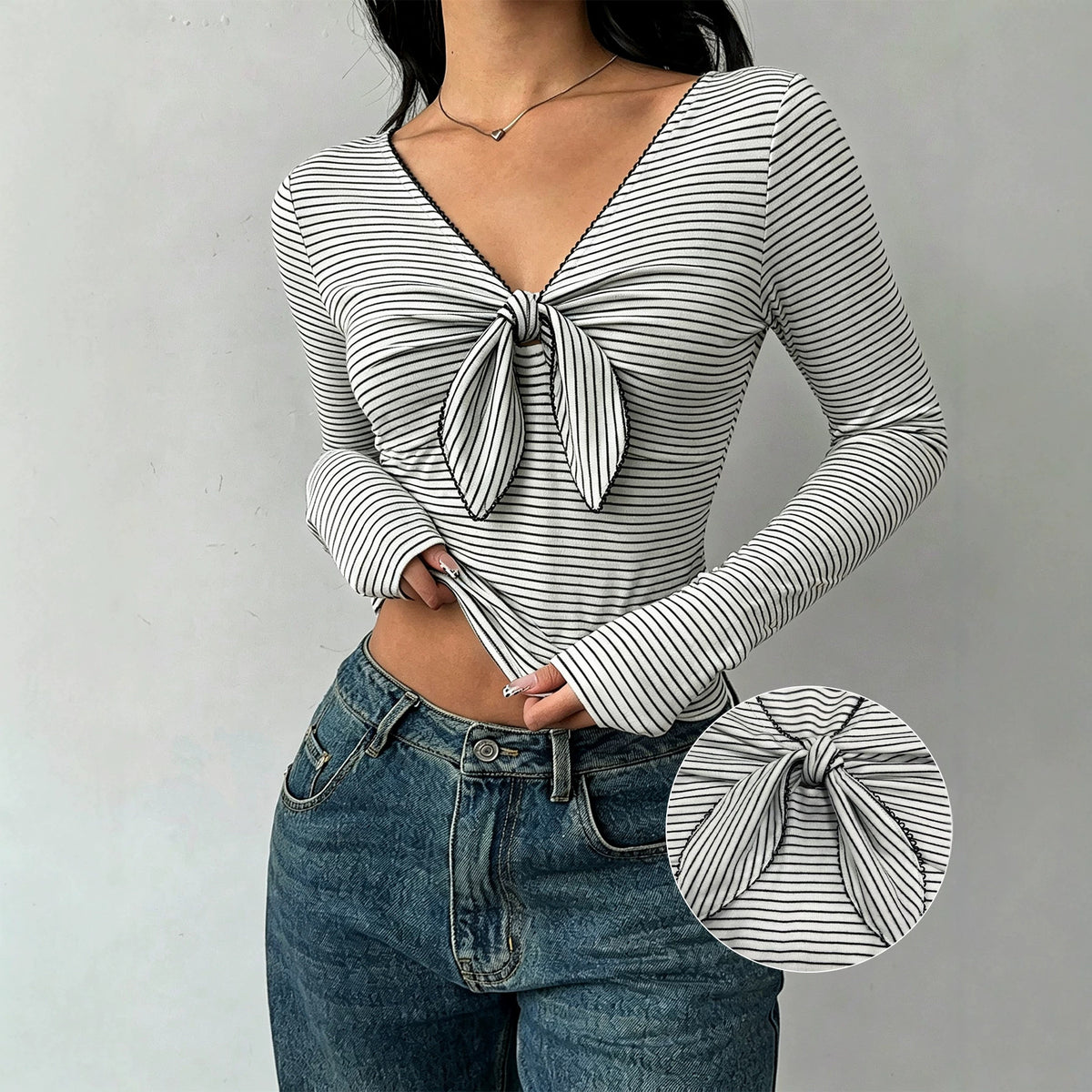 Women's Black White Striped Long Sleeve T Shirt V Neck Chest Kinked Lace Up Slim Fit Slimming Bottoming Top