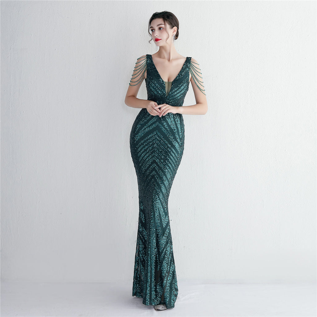 Women's Floral Beading Party Dress Long Banquet Slim Fit Evening Dress