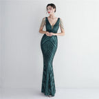 Women's Floral Beading Party Dress Long Banquet Slim Fit Evening Dress