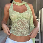 Lace See Through Decorative Ribbon Short Halterneck Vest Top