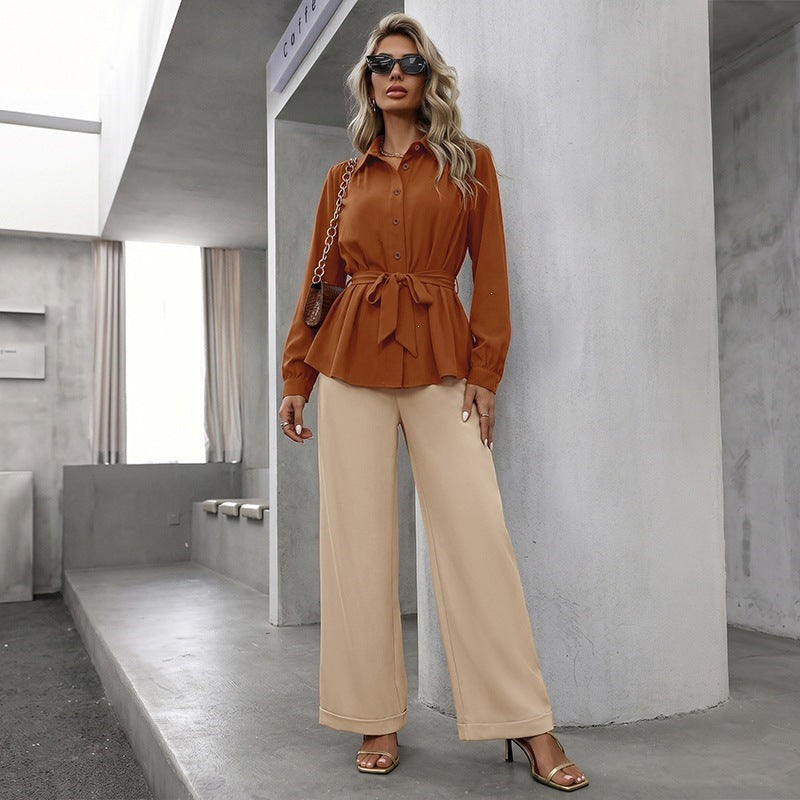 Autumn Solid Color Suit Office Shirt Outfit in Waist Tightening Wear Set for Women