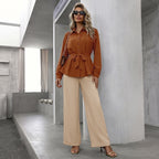 Autumn Solid Color Suit Office Shirt Outfit in Waist Tightening Wear Set for Women