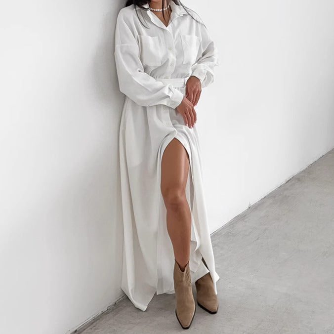 Women's French Collar Belted Shirt Dress