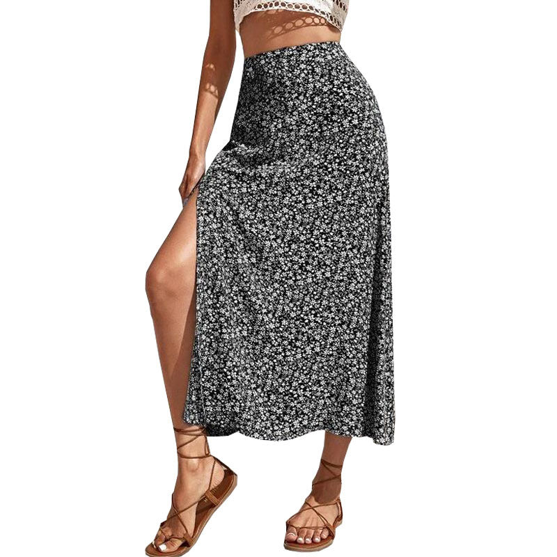 Summer Floral Split A- Line Sheath Mid-Waist Skirt